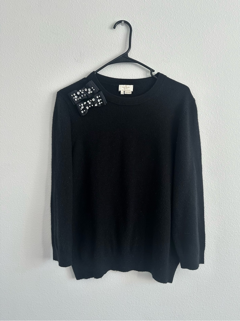 kate spade New York Embellished Double Bow Rhinestone Wool Black Sweater Size XL